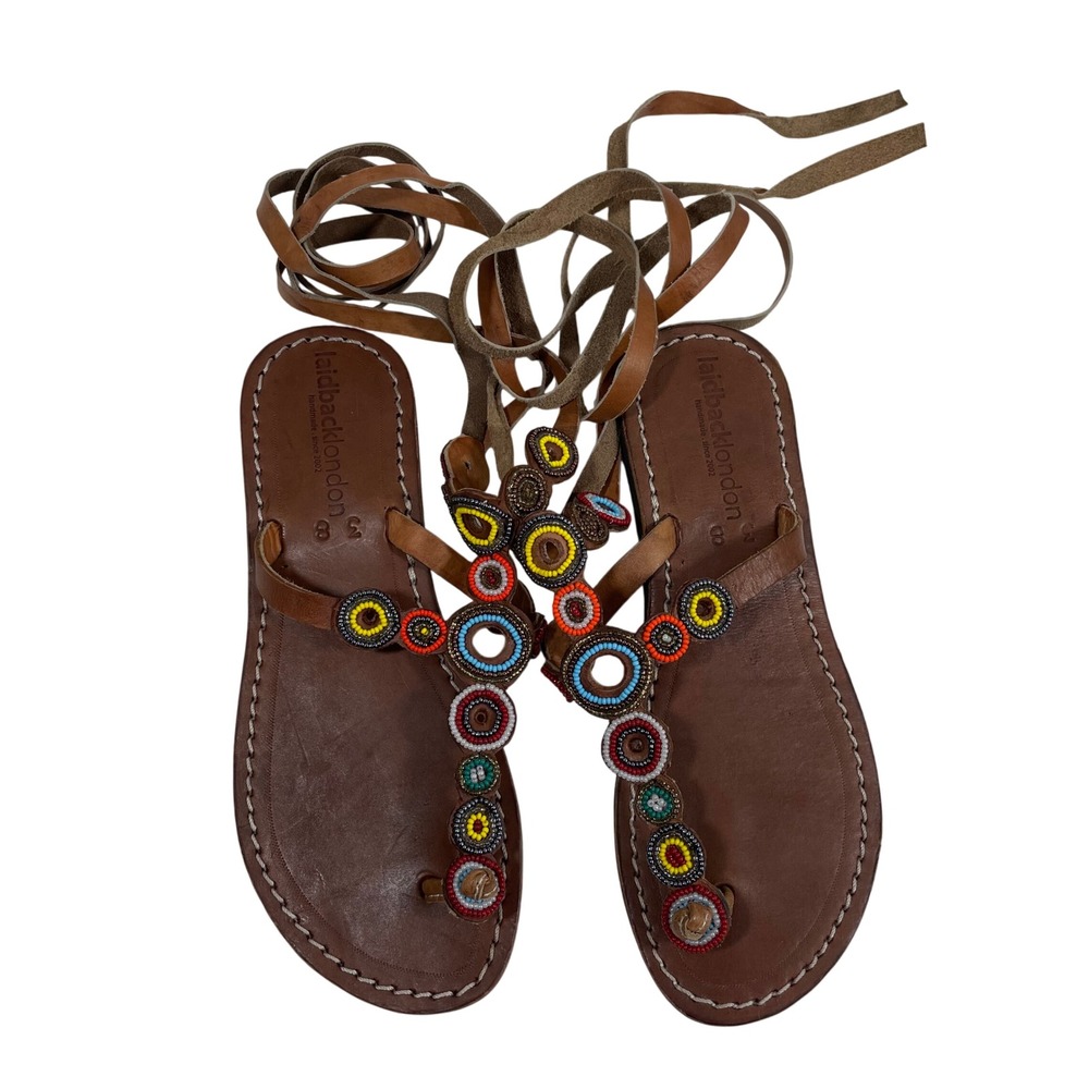 Anthropologie Laidback London Beaded Leather Lace Up Sandals Brown Multi Size 38